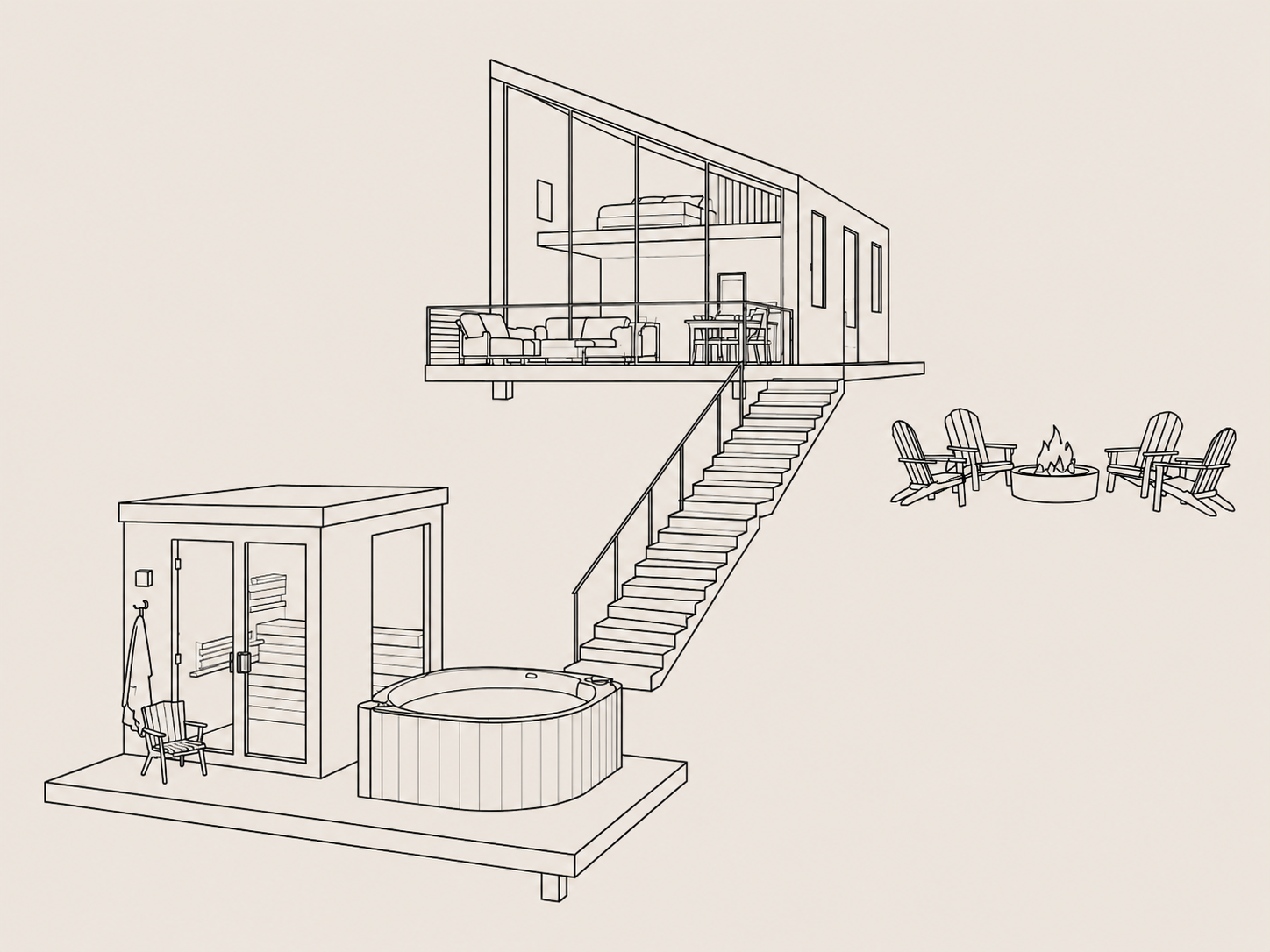 Proposed cabin rendering showing a lofted bedroom, panoramic windows, back deck, hot tub, sauna, outdoor shower, and fire pit